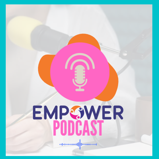 Empower podcast. Image with a microphone. In the background is a girl recording a podcast. The logo of the EMPOWER project appears.