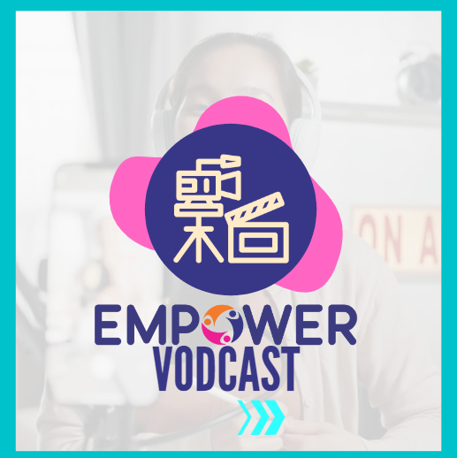 Empower vodcast. Image with a microphone. In the background is a girl recording a vodcast. The logo of the EMPOWER project appears.